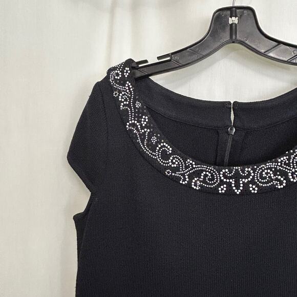 St. John Evening Black Knit Cocktail Dress White Rhinestone Sequin Women Size 10 - Picture 6 of 11